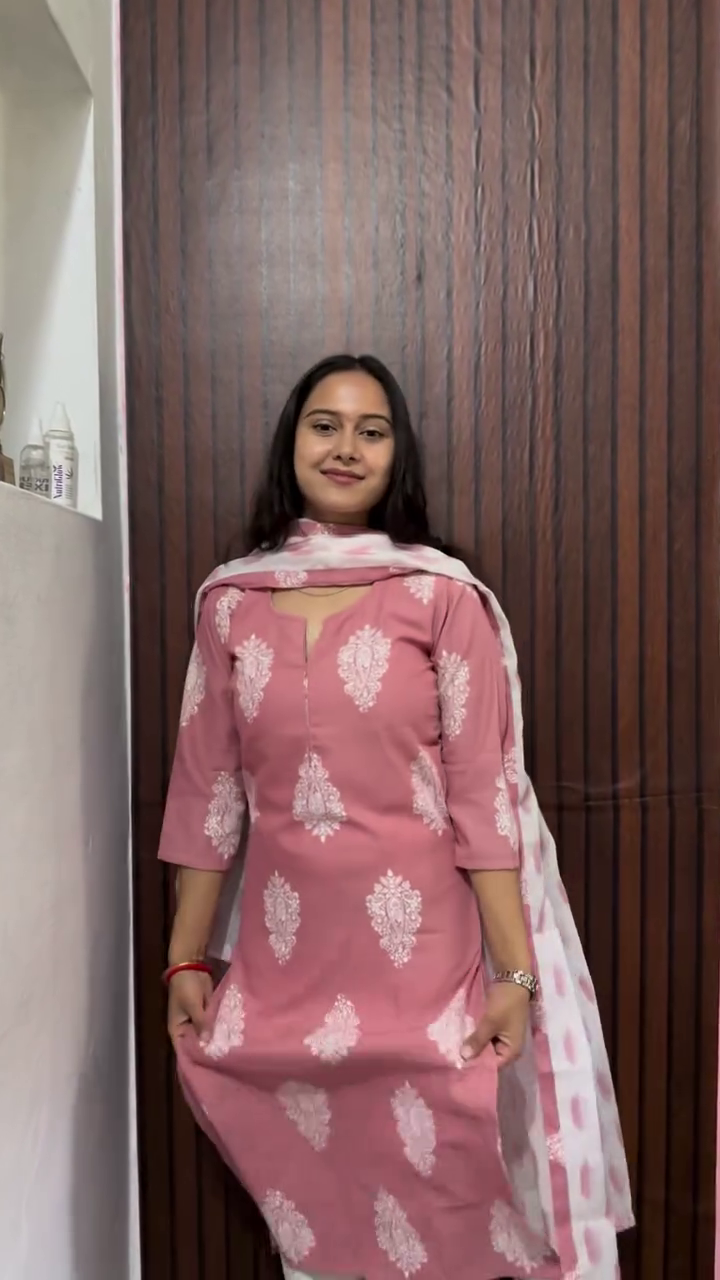 Elegant Pink Printed Kurti Set