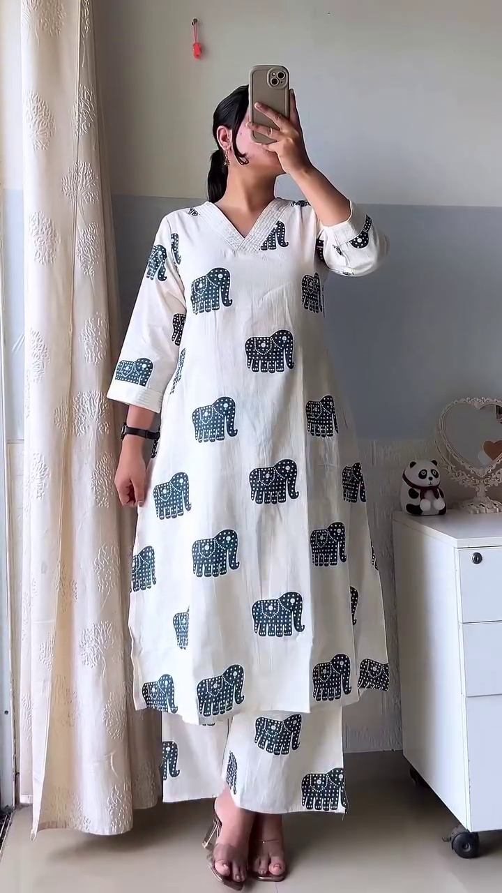 Elephant Print Cotton Kurta Set