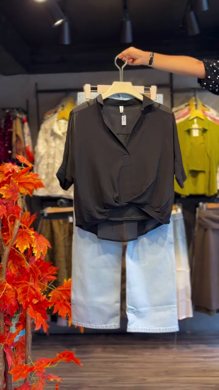 Chic Black Twist Top with Light Blue Denim Skirt Set