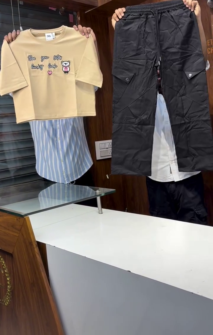 Cute Bear Graphic Crop T-Shirt with Cargo Pants