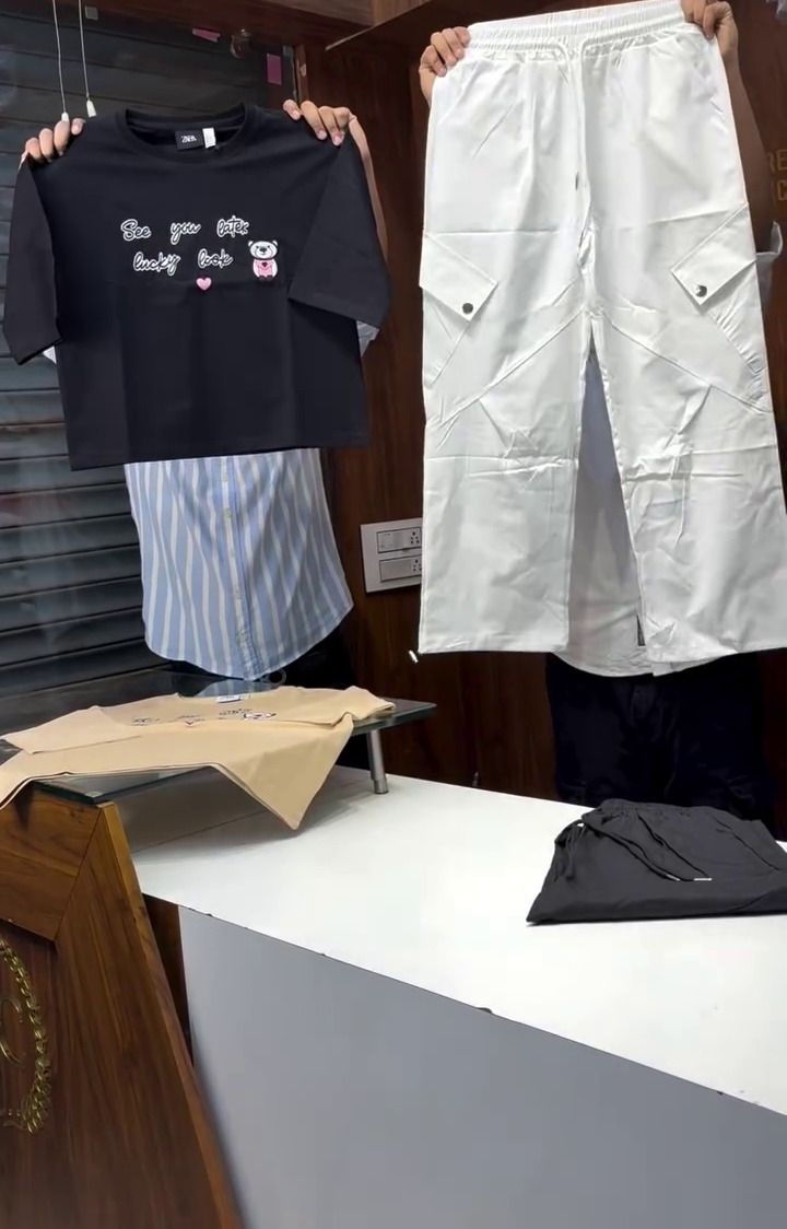 Cute Bear Graphic Crop T-Shirt with Cargo Pants