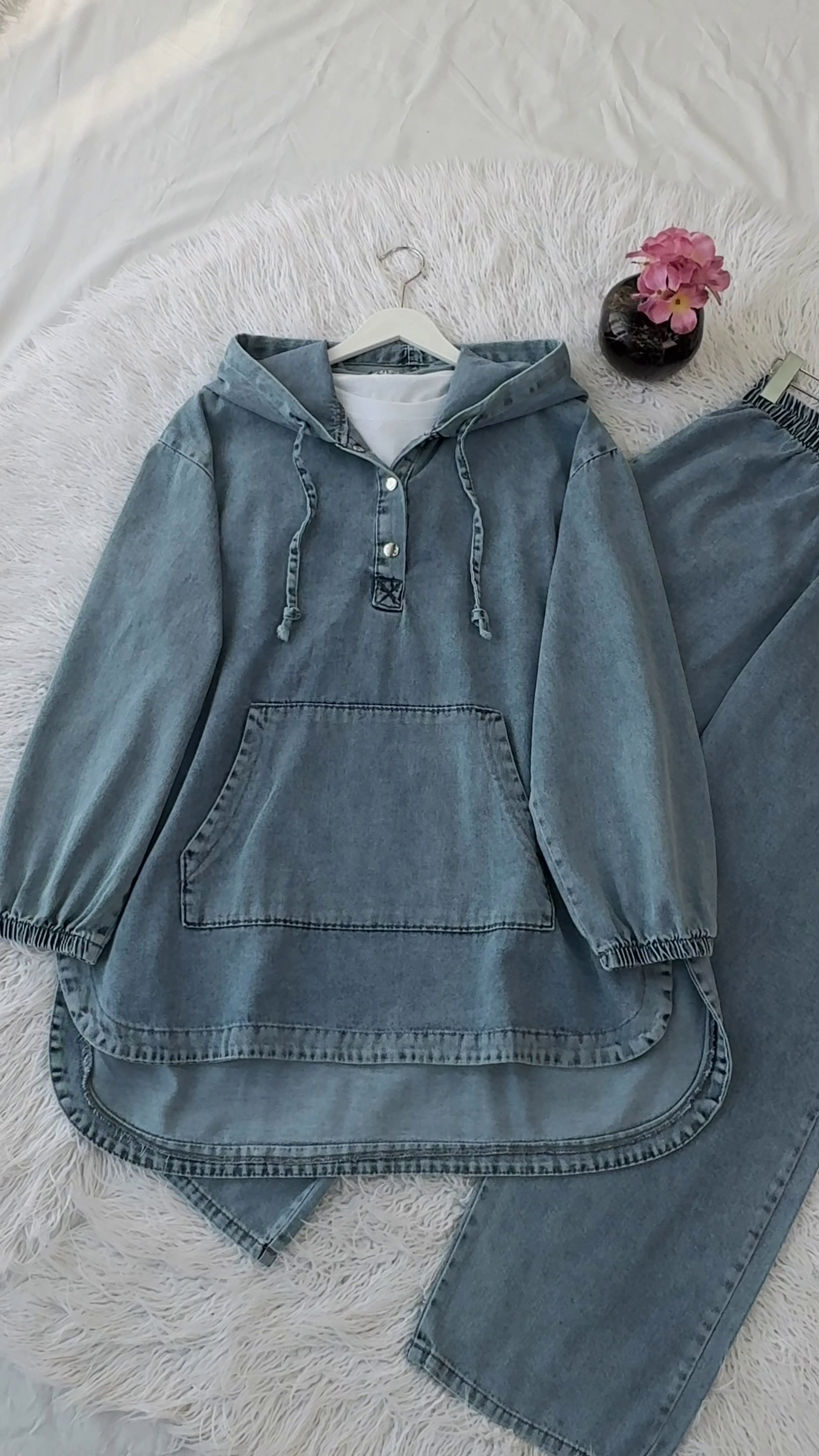 Denim Hoodie & Wide-Leg Jeans Co-Ord Set