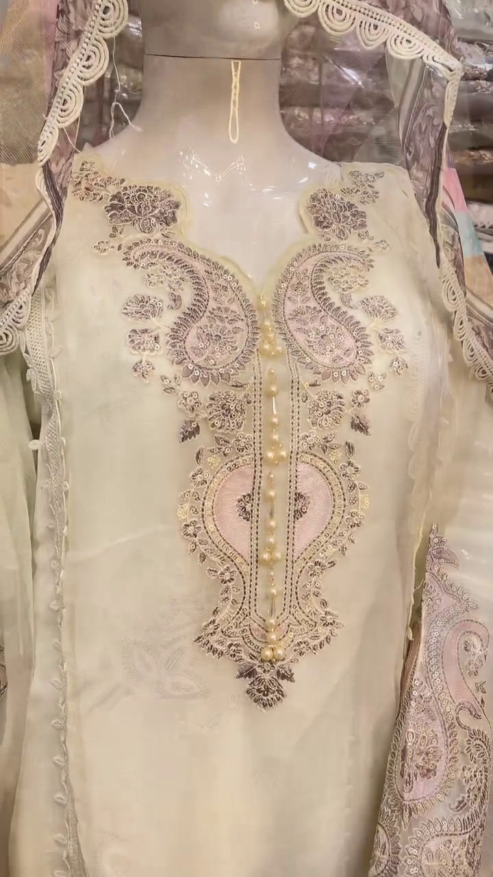 Luxury Cream Embroidered Pakistani Suit