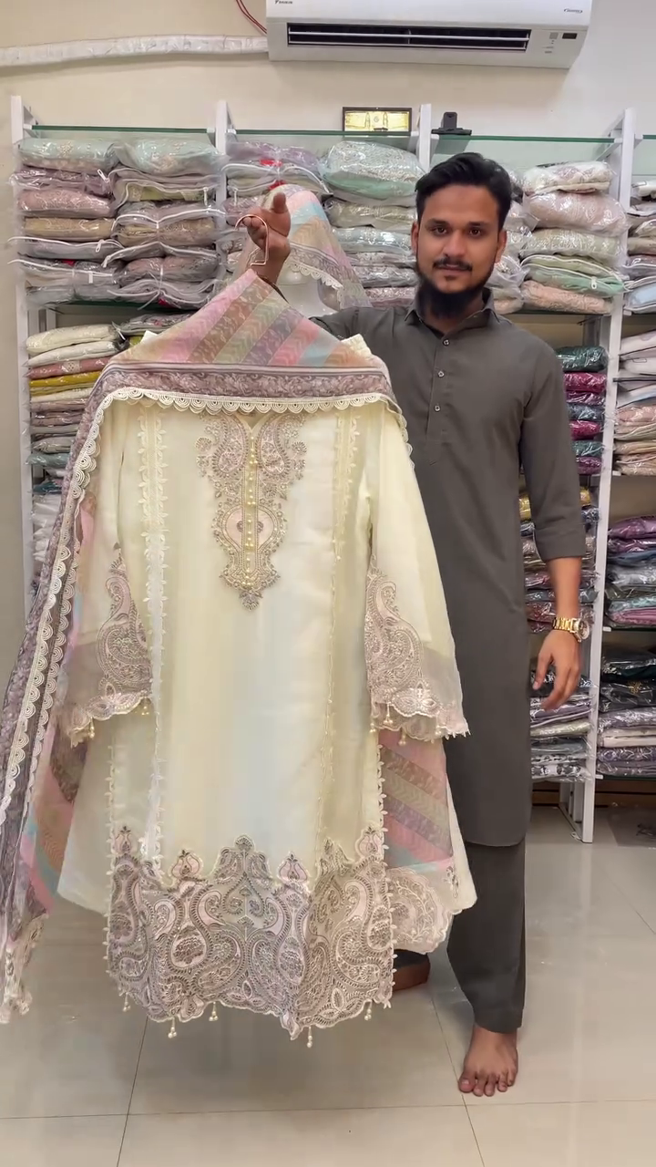Luxury Cream Embroidered Pakistani Suit