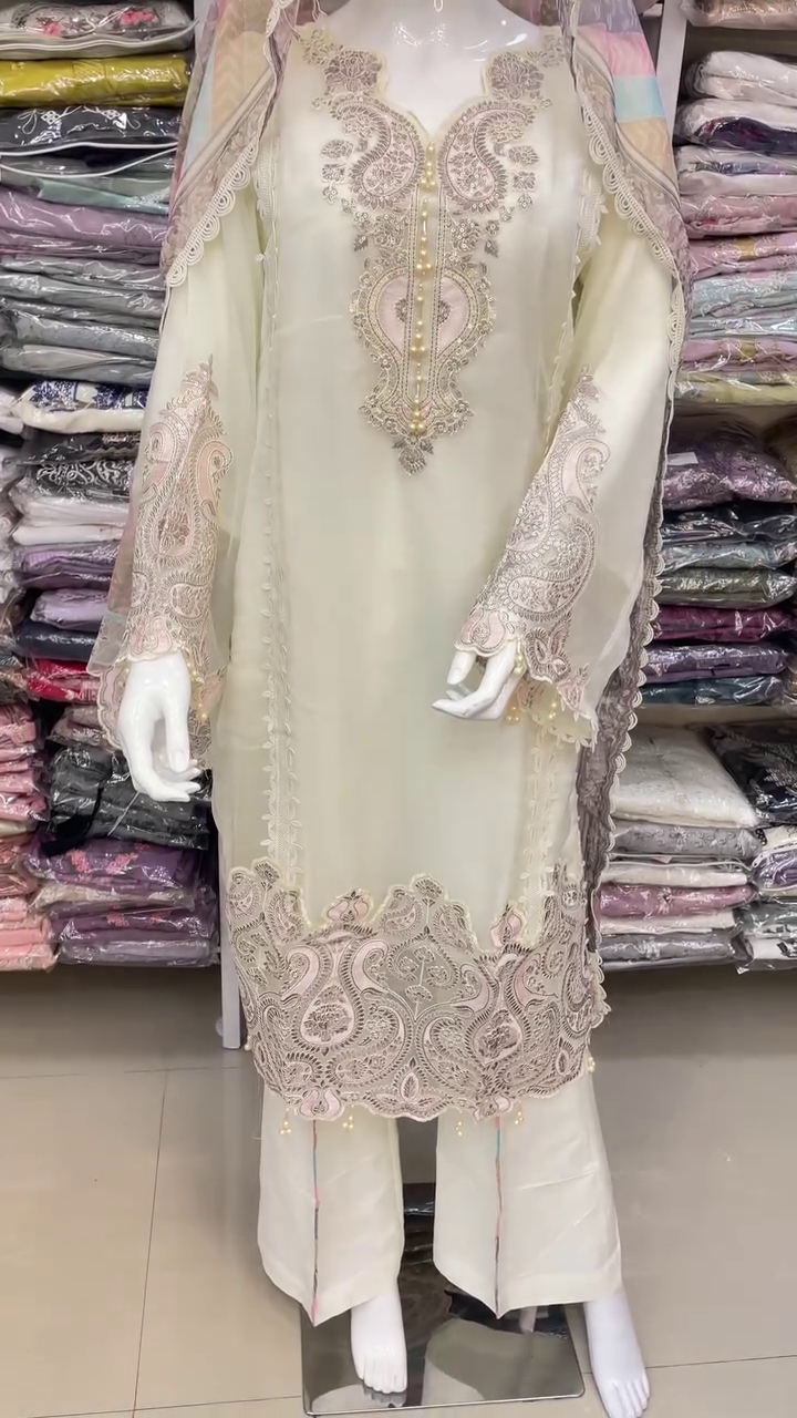 Luxury Cream Embroidered Pakistani Suit