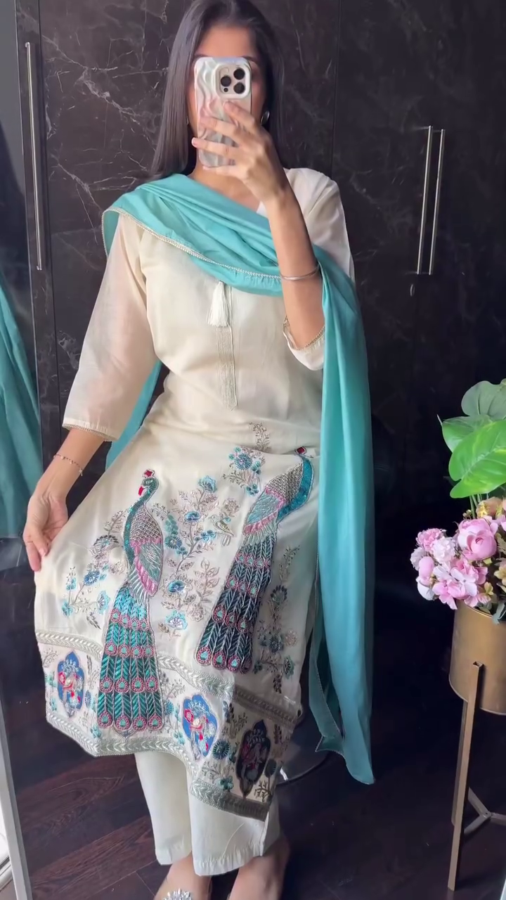 Ivory Peacock Embroidered Suit