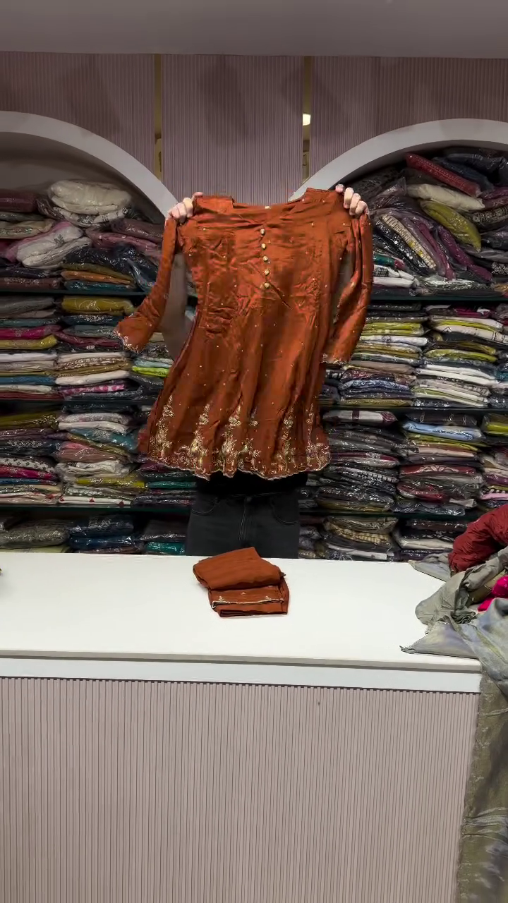 Rust Orange Embroidered Kurti Set