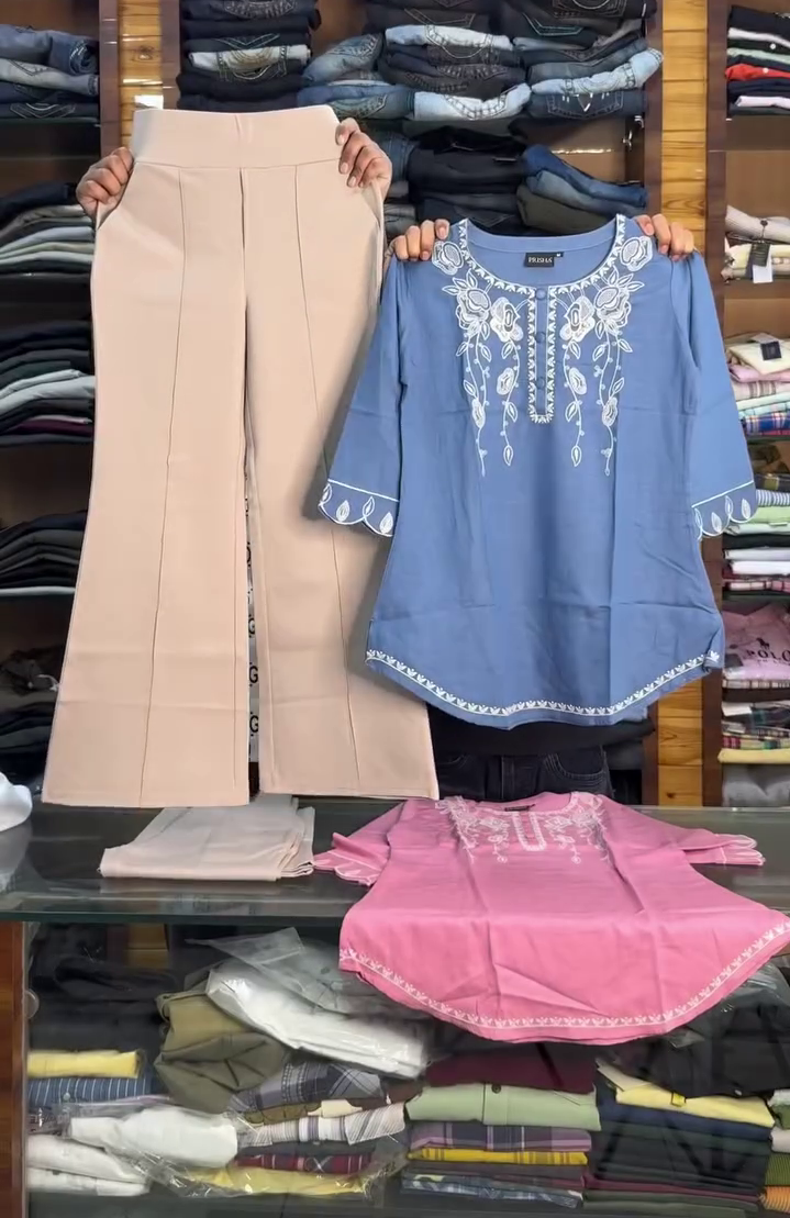 Pink Embroidered Kurti with Beige Palazzo