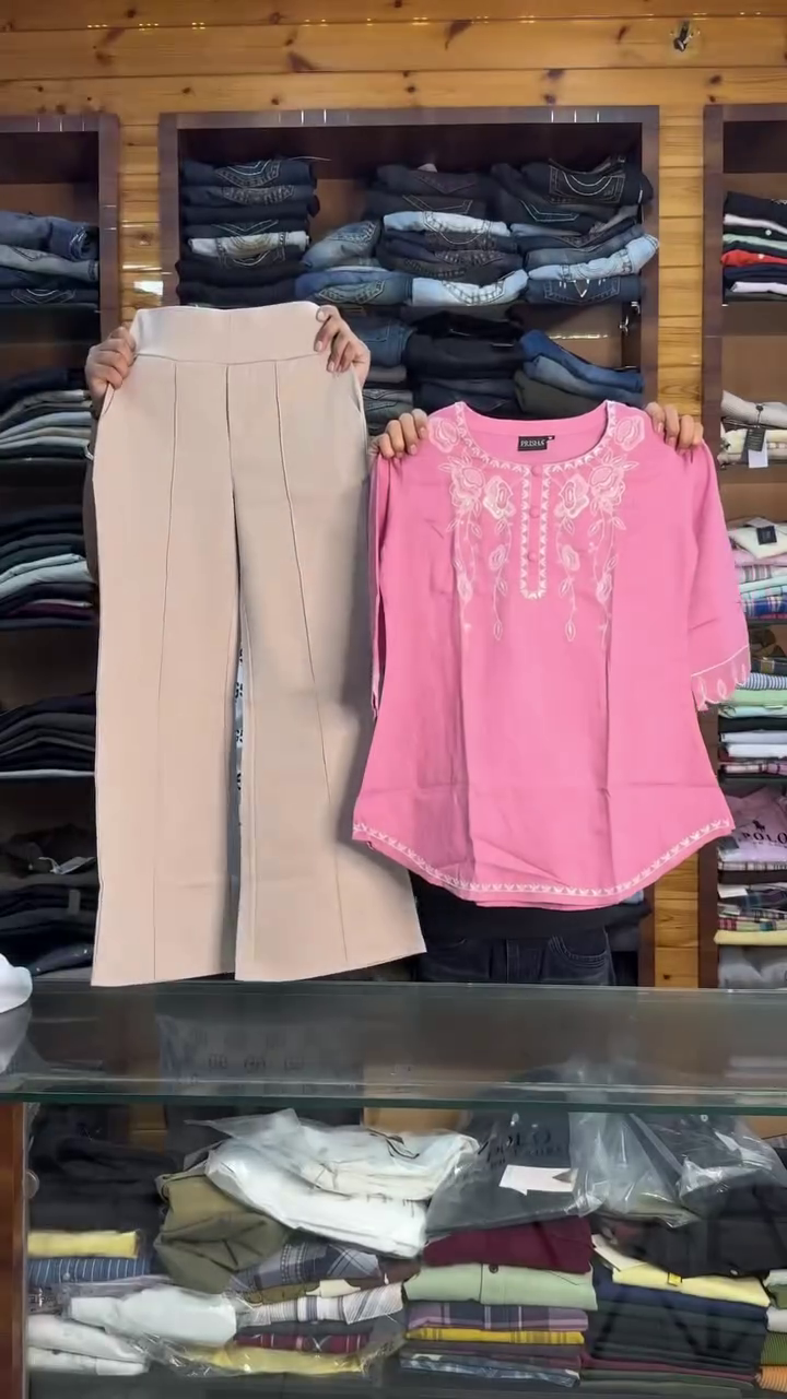 Pink Embroidered Kurti with Beige Palazzo