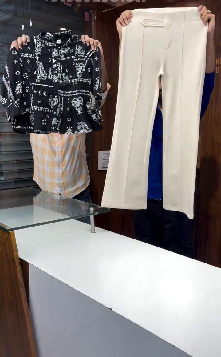 Printed Top with Cream Straight Pants