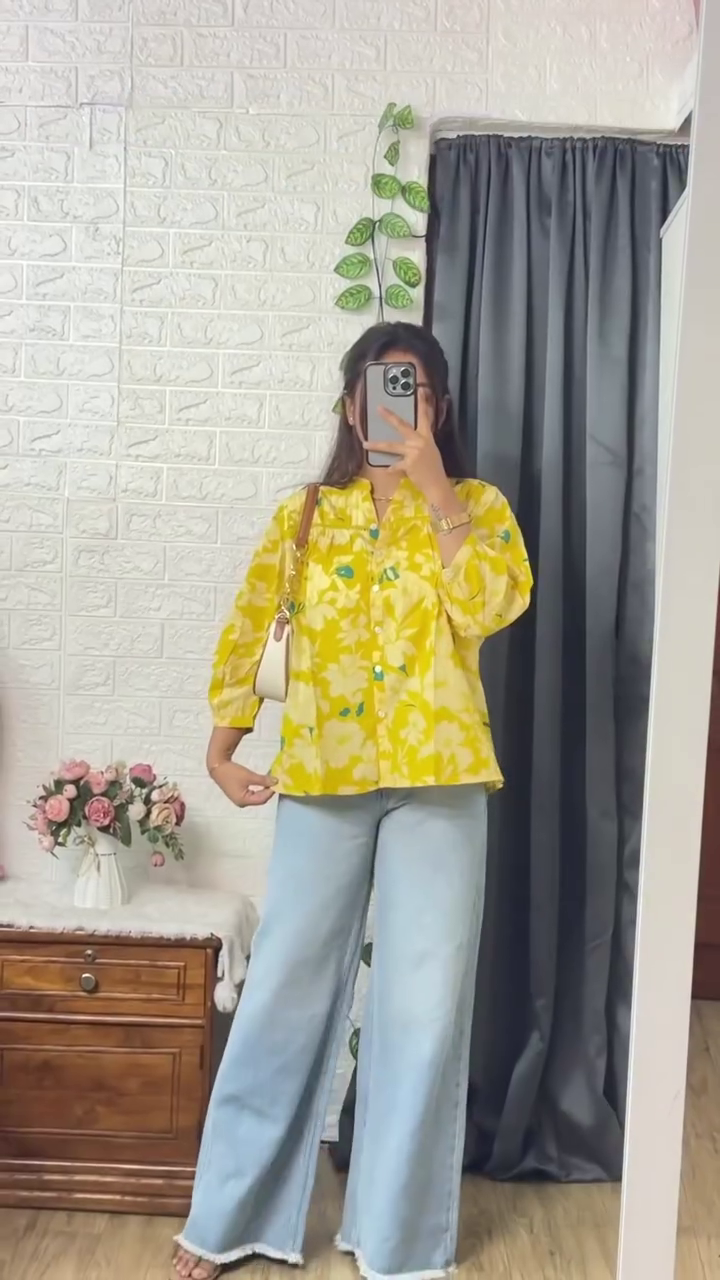Floral Printed Shirt with Wide Jeans