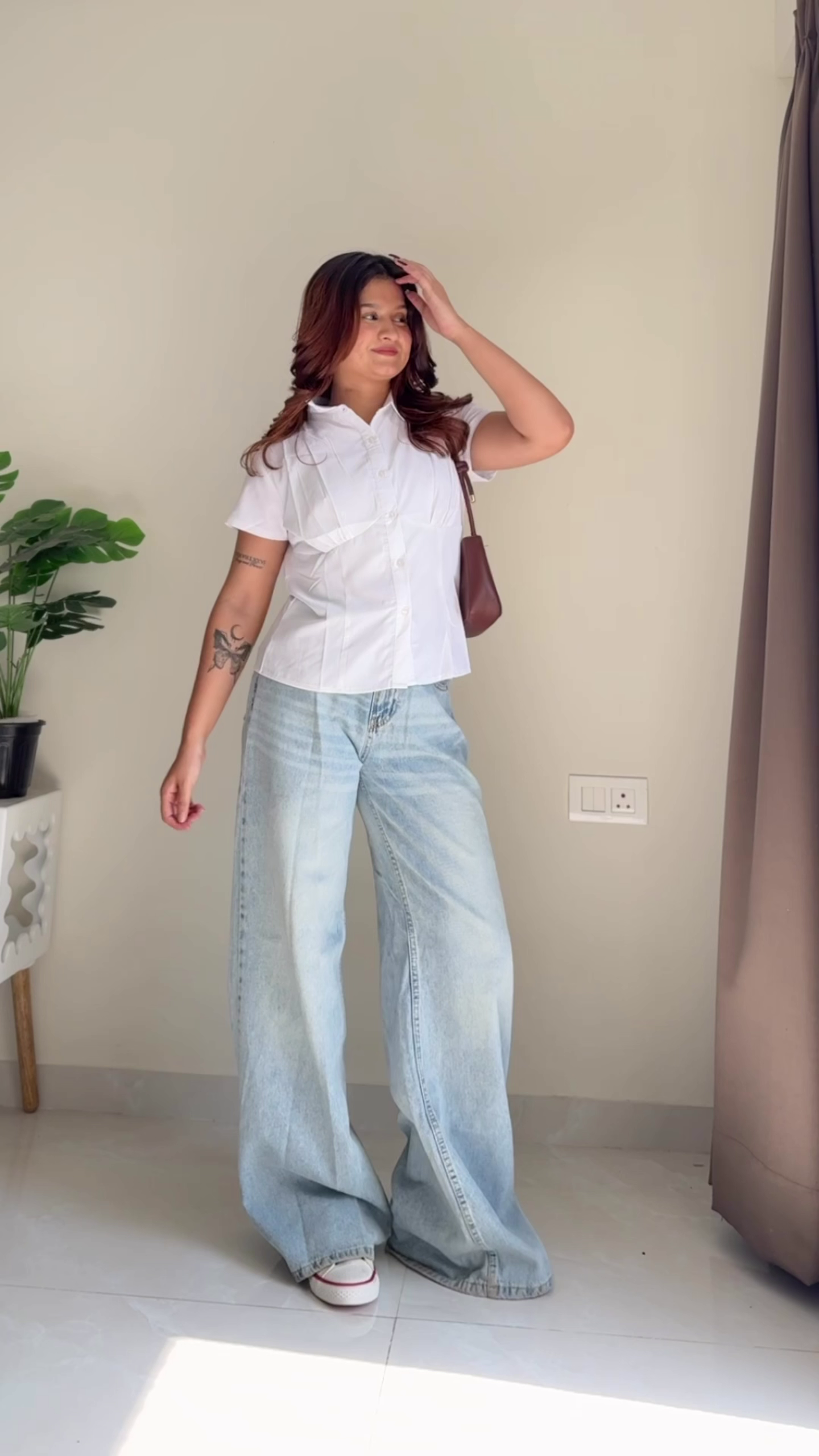 Chic Checkered Crop Shirt & Wide-Leg Jeans