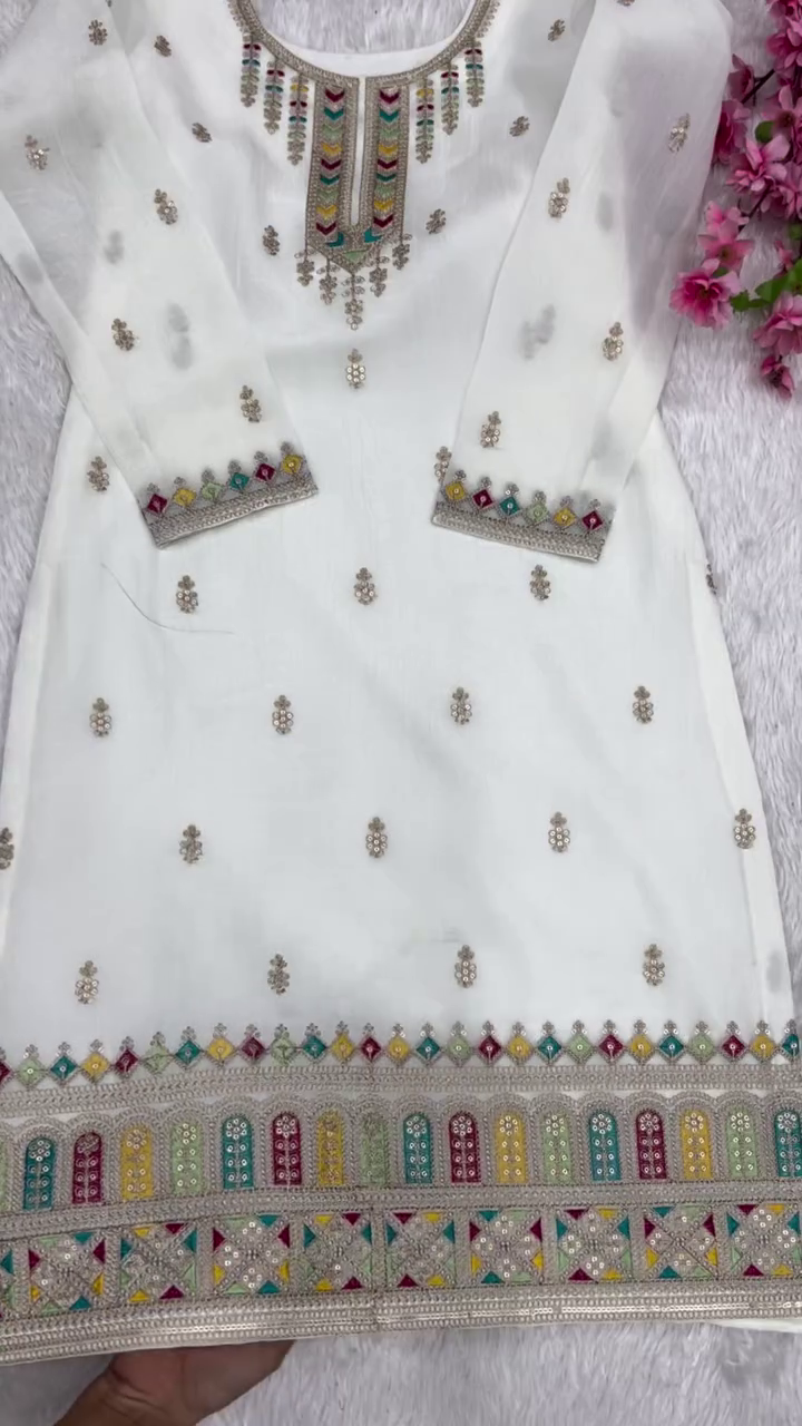 Elegant White Embroidered Kurti Set