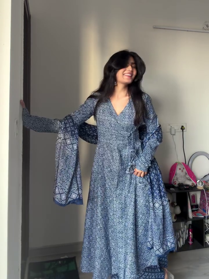 Elegant Blue Printed Anarkali Dress