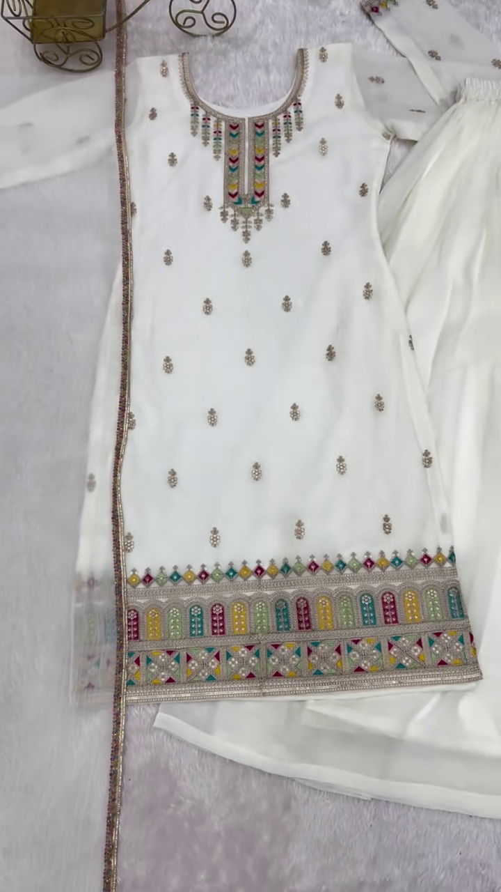 White Multicolor Embroidered Suit