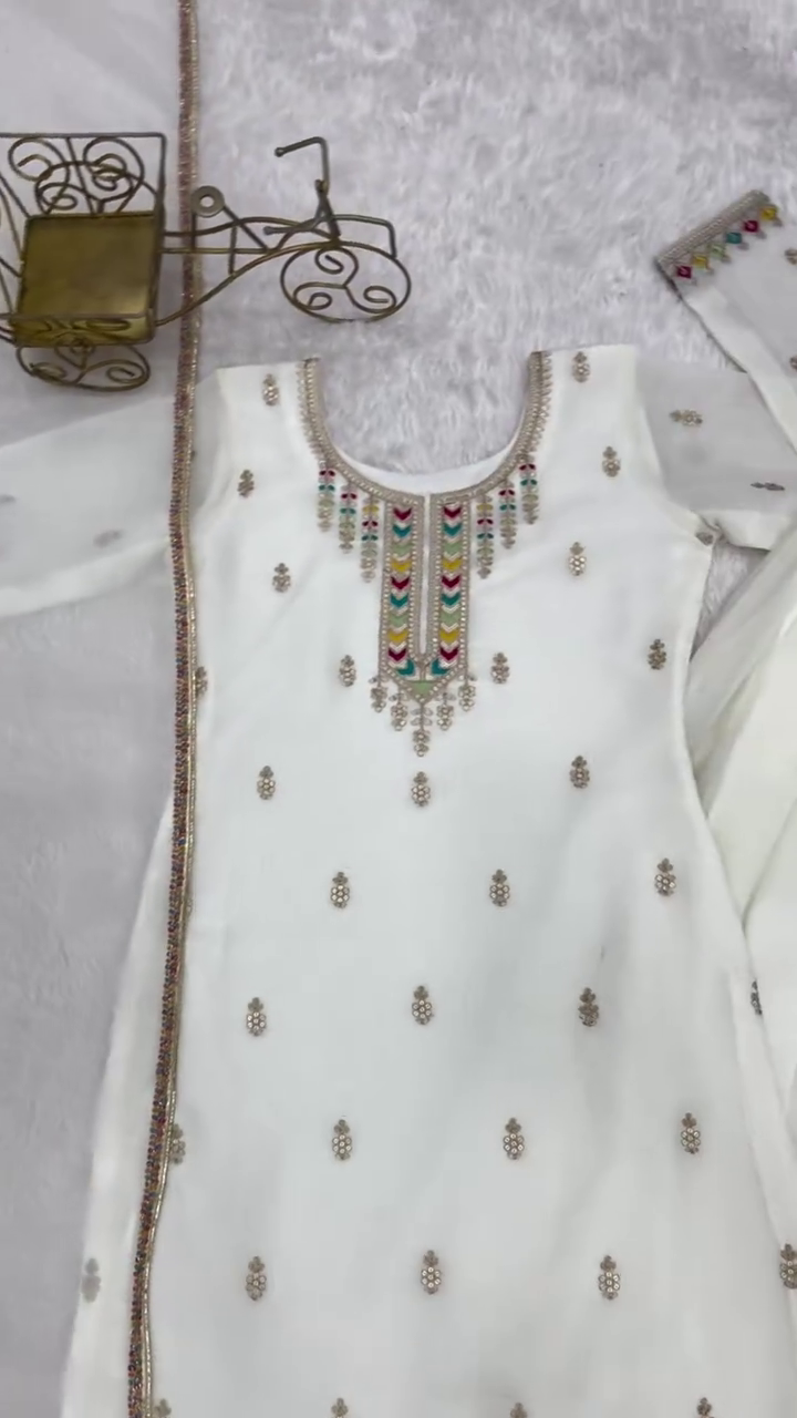 White Multicolor Embroidered Suit
