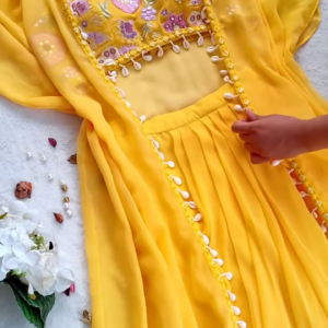 🌼 Sunshine Glow – Yellow Embroidered Cape Set with Shell Detailing 🌼