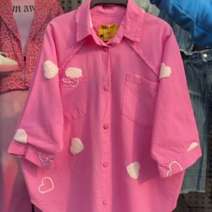 Trendy Oversized Cotton Shirt with Heart Embellishments – Available in 6 Colors