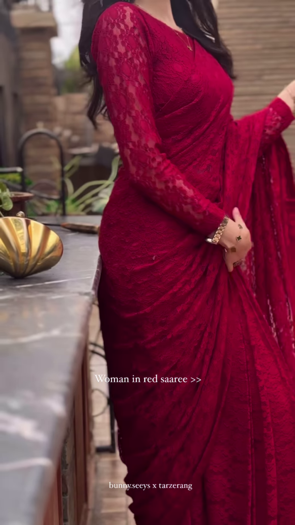Grace in Crimson – Elegant Lace Red Saree Look ✨ - Image 2