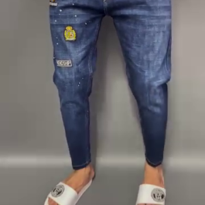 Men's Designer Slim-Fit Denim Jeans with Fun Patchwork – Street Style Statement
