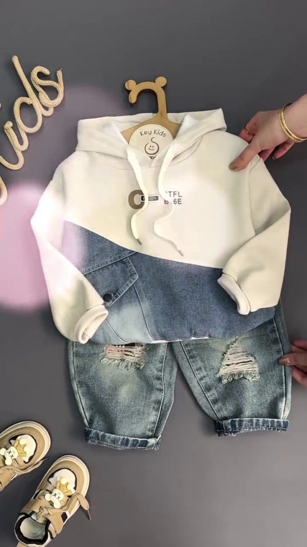 Trendy Patchwork Hoodie & Ripped Denim Set for Kids – Stylish & Comfy! - Image 2