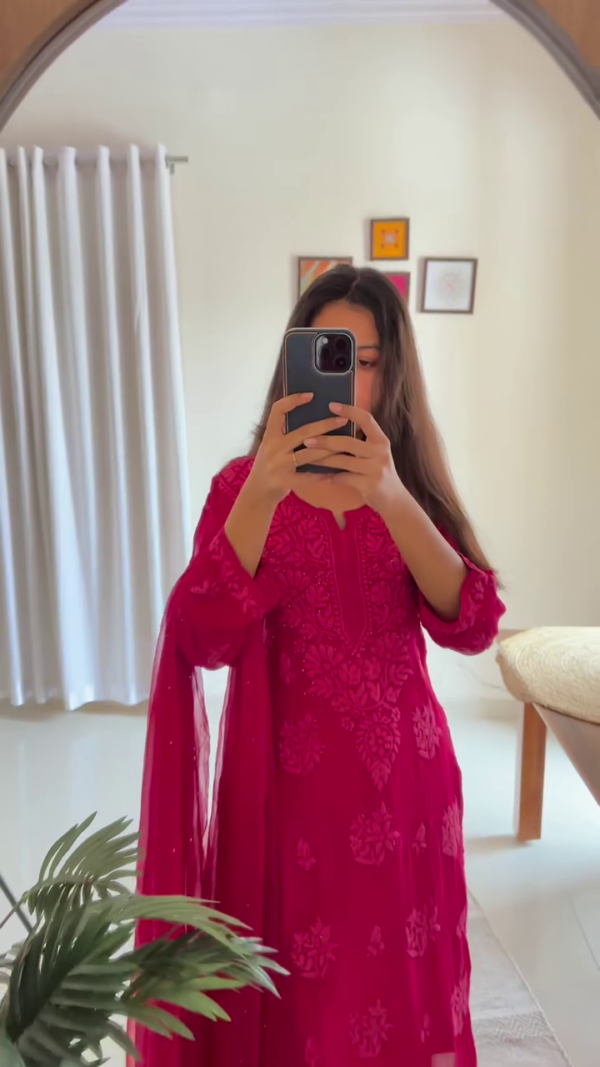 Maroon Tone All-Over Embroidered Festive Kurti Set with Dupatta
