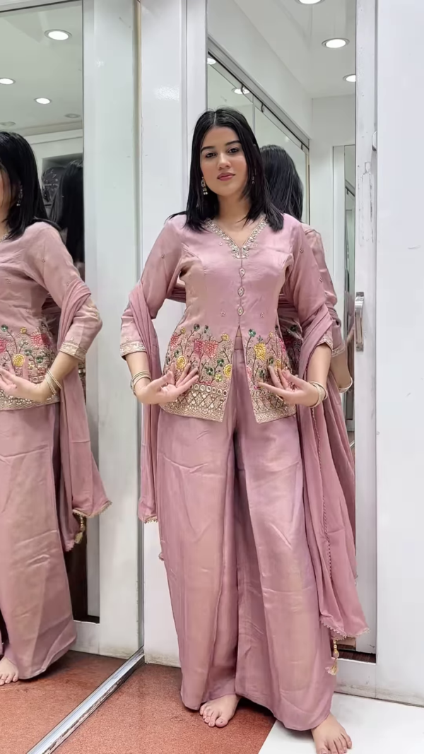 Dusty Rose Embroidered Kurta Set – Elegant Floral Threadwork with Palazzo & Dupatta - Image 3