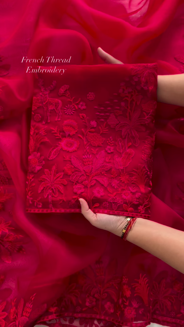 Luxurious Red Fabric with Intricate French Thread Embroidery - Image 2