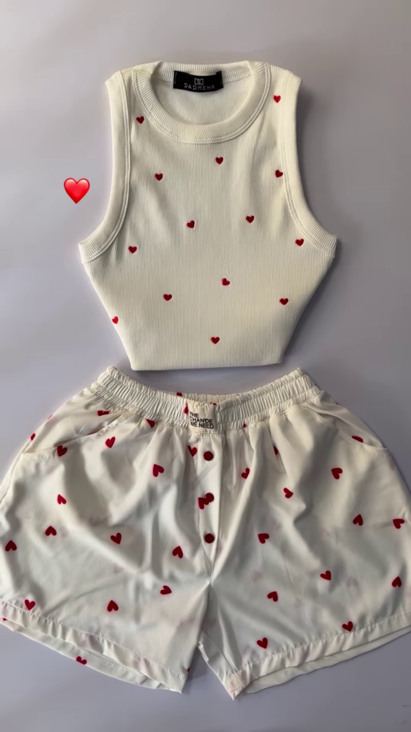 Adorable White Ribbed Tank Top and Shorts Set with Red Hearts - 6 Colors Available - Image 2