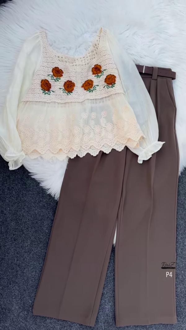 🍂 Bohemian Cream Layered Top with Crochet & Brown Wide-Leg Pants Set 🌼