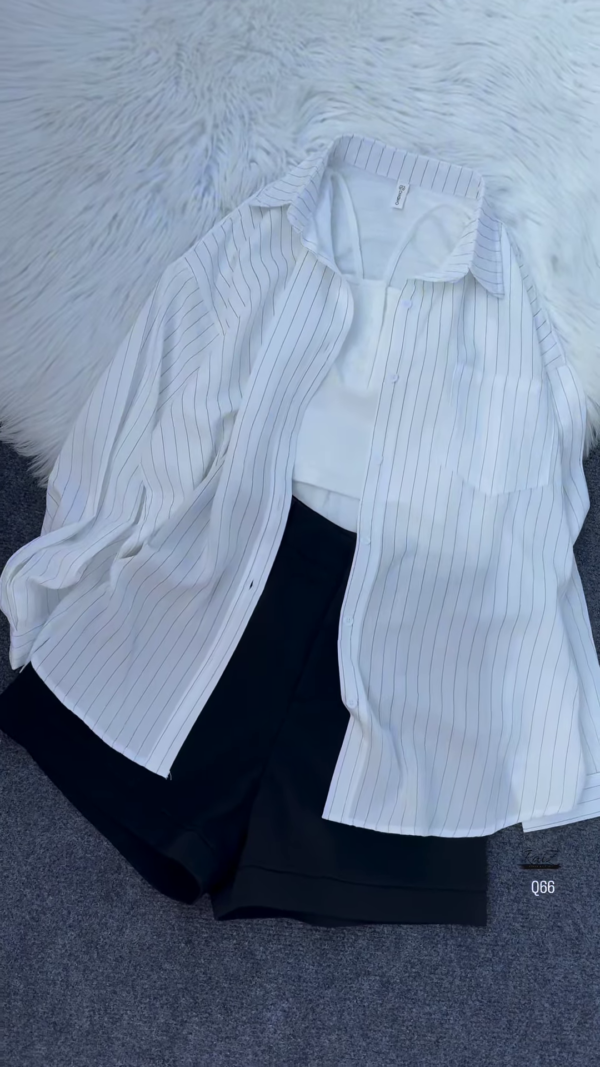 💖 Edgy Chic Sheer Pink Pinstriped Oversized Shirt, Black Crop Top & Shorts Set 🖤 - Image 4