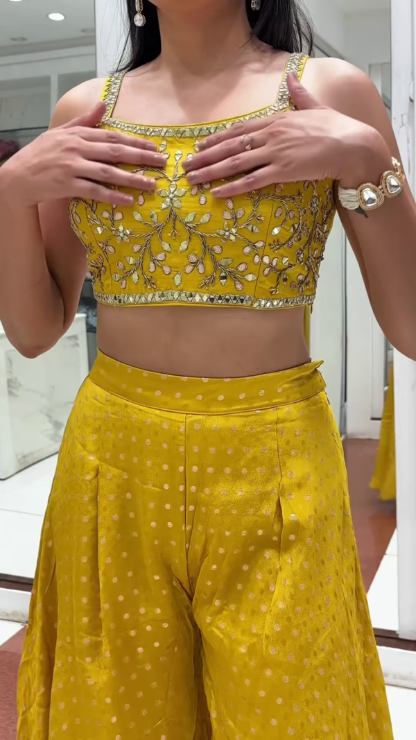 🌿 Ethereal Mint YELLOW Embellished Crop Top, Shrug & Pleated Palazzo Pants Set 💚 - Image 2