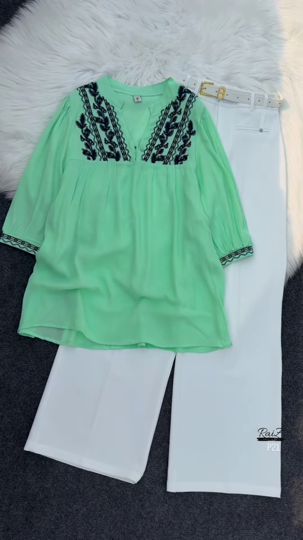 Mint Green Embroidered Tunic Top with White Trousers - Image 5