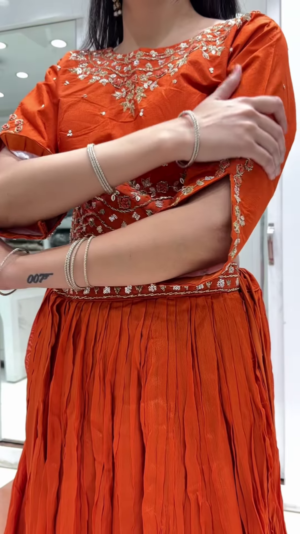 Vibrant Orange Draped Saree with Embellished Blouse - Image 3