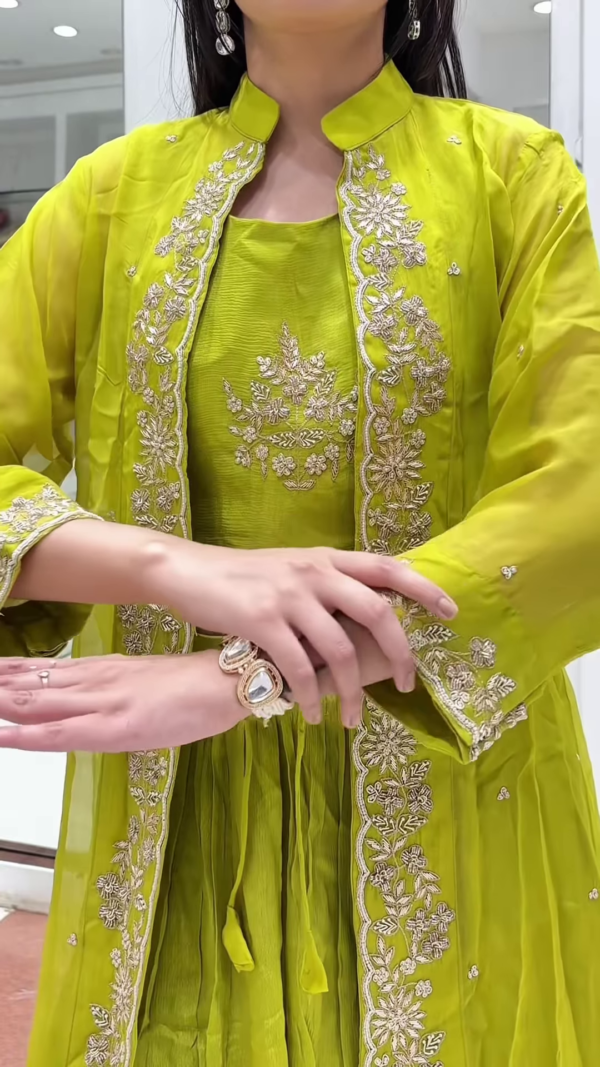 Vibrant Lime Green Embroidered Three-Piece Palazzo Set - Image 2