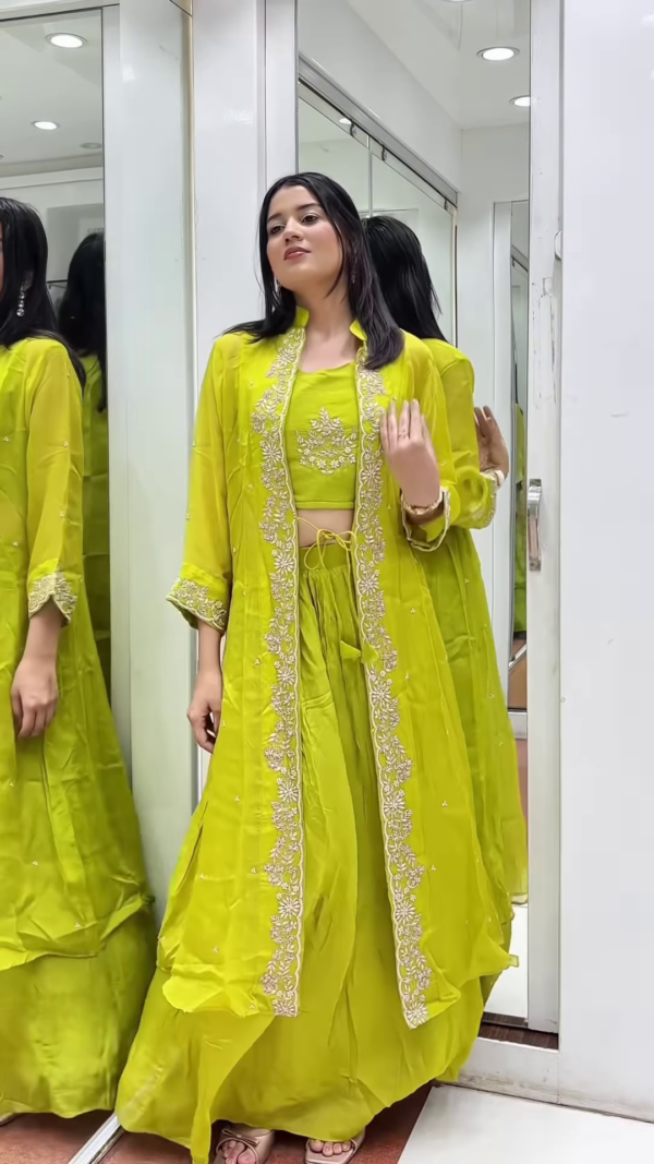 Vibrant Lime Green Embroidered Three-Piece Palazzo Set