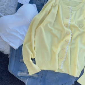 "Chic Pastel Perfection: Yellow Bow Cardigan & Denim Duo"