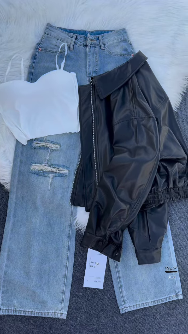 đź–¤ Dali Noir: Faux Leather Jacket & Distressed Denim Skirt Set - Image 2