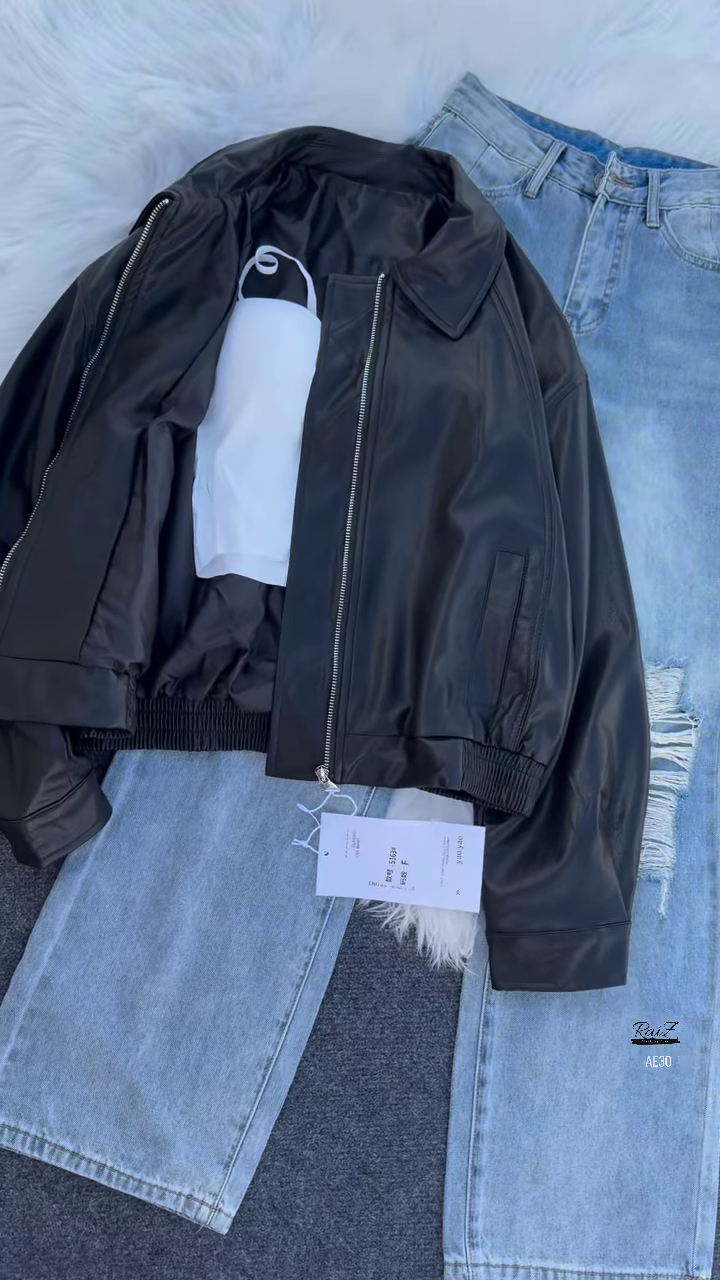 đź–¤ Dali Noir: Faux Leather Jacket & Distressed Denim Skirt Set