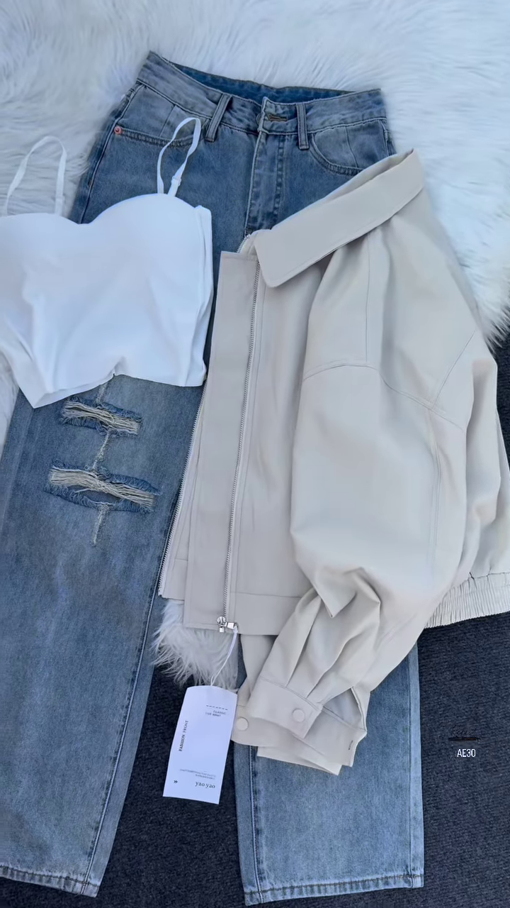 đź–¤ Dali Noir: Faux Leather Jacket & Distressed Denim Skirt Set - Image 3