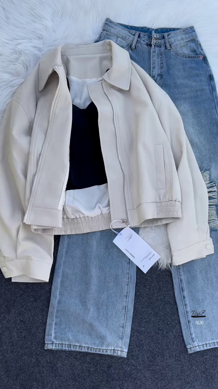 đź–¤ Dali Noir: Faux Leather Jacket & Distressed Denim Skirt Set - Image 4