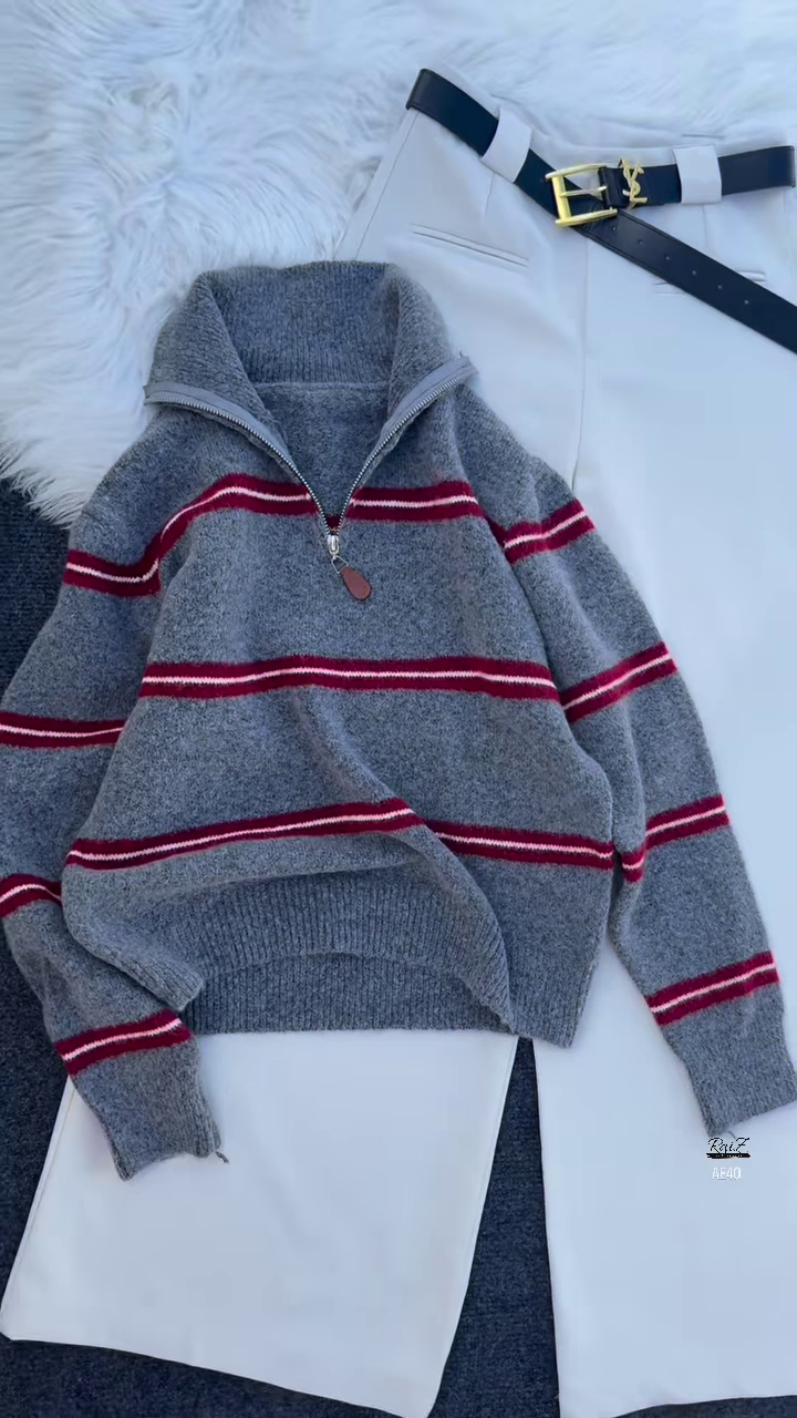 ❤️🔥 Raya Stripe: Zip-Up Sweater & High-Waist Trouser Set