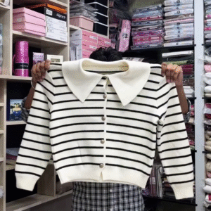 🧶 Collar & Contrast: Striped Button-Down Sweater Collection