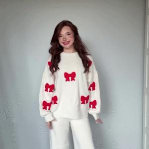 Cute Knit & Pajama Co-ord Sets 🩷 Available in Peach Print, Cream Bow & Grey Bow Variants