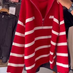 Striped Knit Sweater Collection 🧶 Half-Zip & Crew Styles – Cream, Blue, Red & More