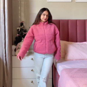 Pink Winter Jacket Look π with Ripped Jeans & Brown Shoes β Cozy Bedroom Edit