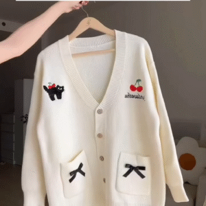 Oversized Woolen Cardigan π§΅π With Bow Pockets & Emblem Detail β White & Blue Variant