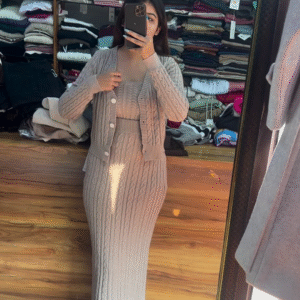 Knitted 3-Piece Co-ord Set π§Άπ€ With Cardigan, Crop Top & Long Skirt β Beige Variant