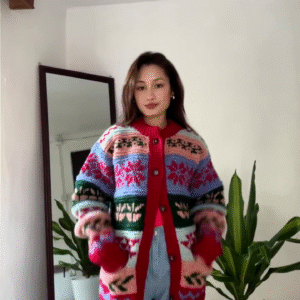 Multicolor Patterned Knit Cardigan π§₯π β Styled Over Red Top & Light Blue Jeans