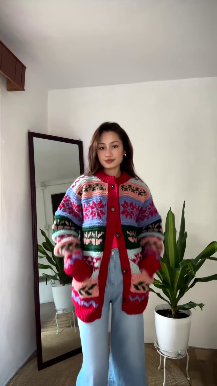Multicolor Patterned Knit Cardigan π§₯π β Styled Over Red Top & Light Blue Jeans